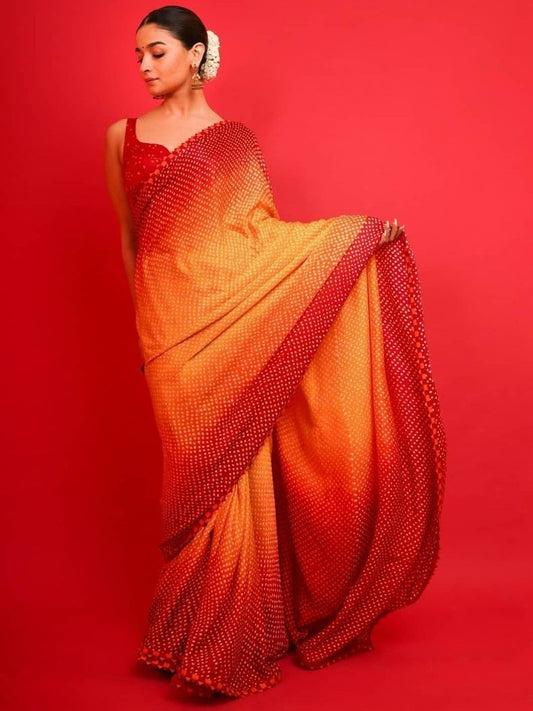 Yellow and red satin silk digital printed saree