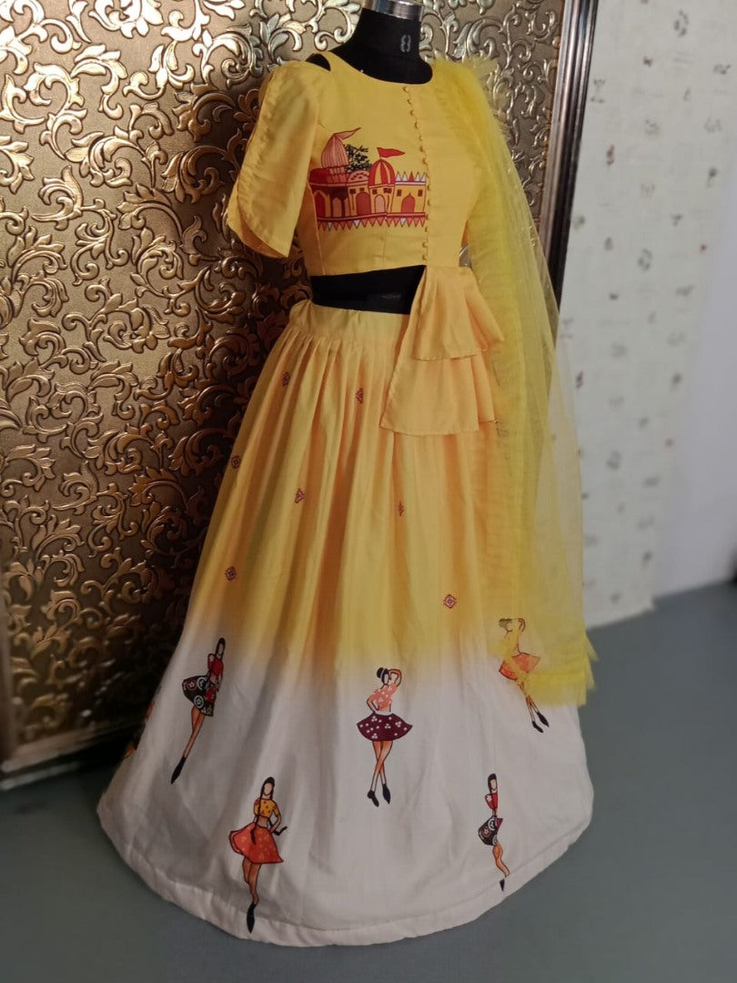 Yellow and white half printed festive lehenga choli