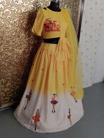 Yellow and white half printed festive lehenga choli