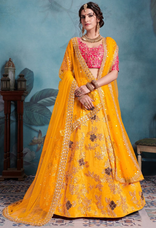 Yellow art silk designer wedding lehenga choli