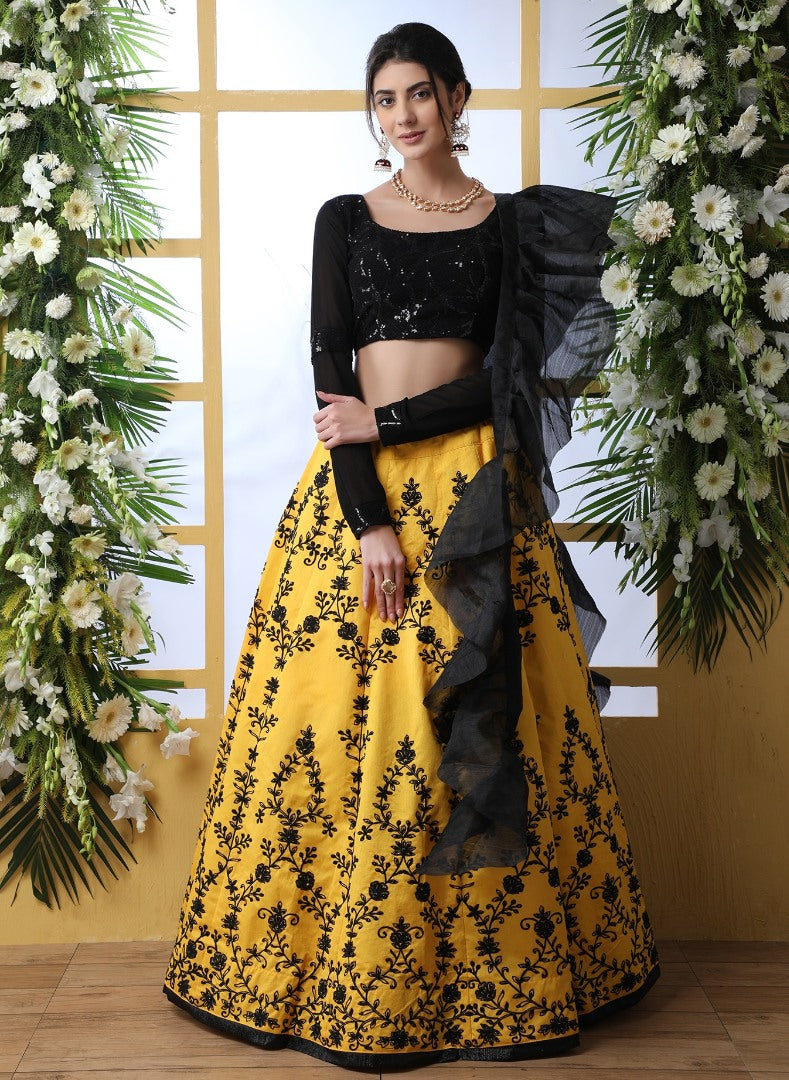 Yellow art silk embroidered crop top lehenga