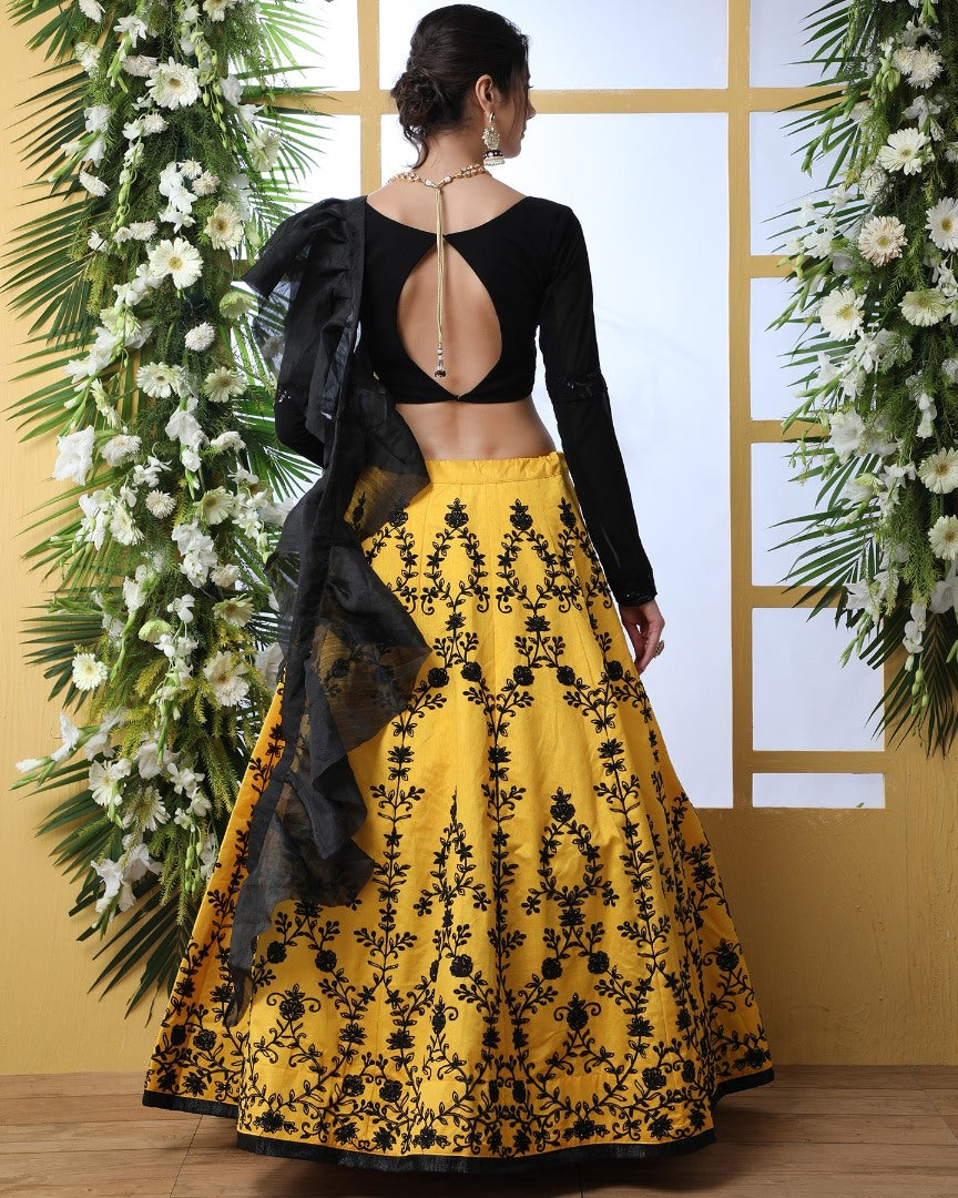 Yellow art silk embroidered crop top lehenga