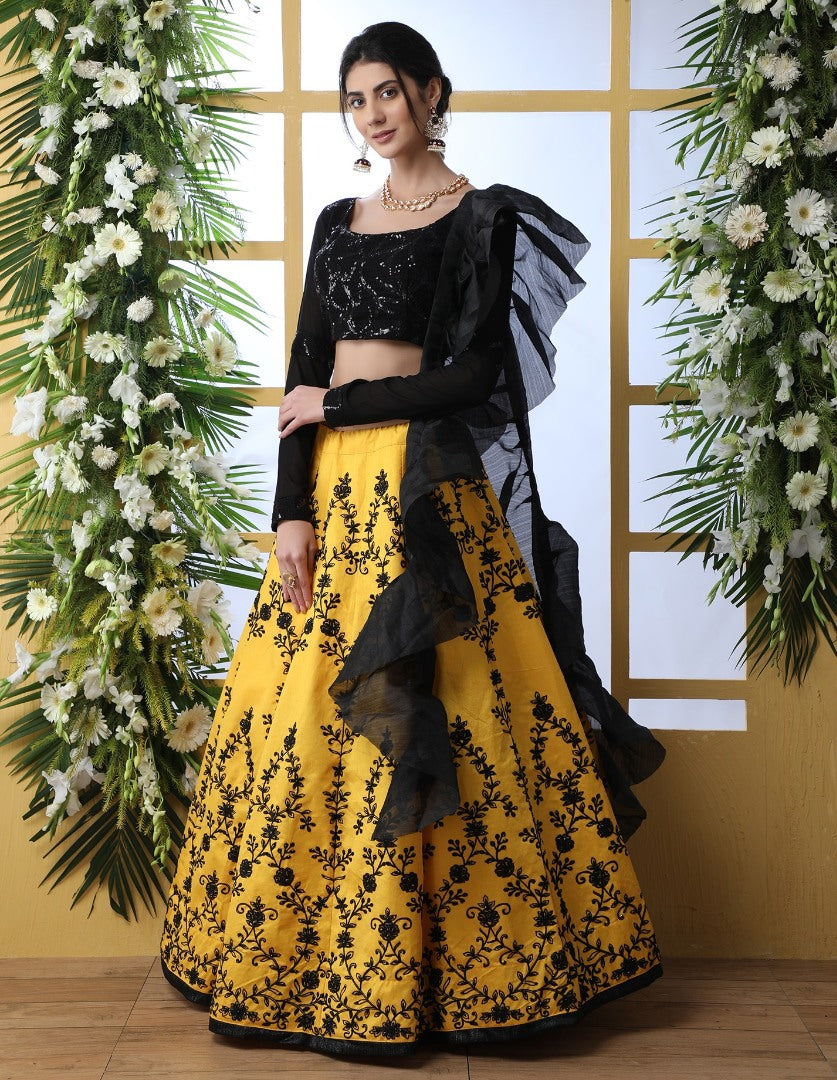 Yellow art silk embroidered crop top lehenga