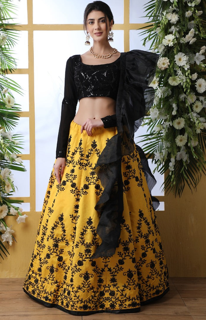 Yellow art silk embroidered crop top lehenga