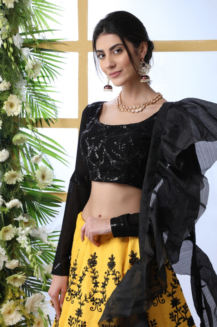 Yellow art silk embroidered crop top lehenga