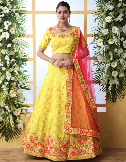 Yellow art silk sequence thread embroidered bridal lehenga choli