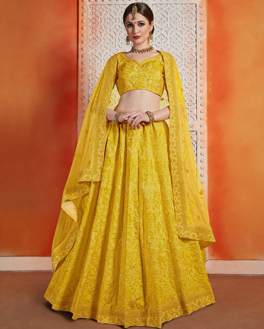 Yellow art silk thread work party wear & bridal lehenga choli