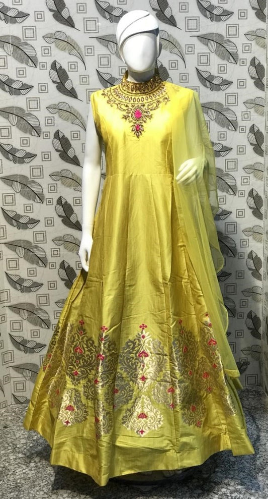 yellow bamboo silk jardoshi pearl and crystal work wedding gown