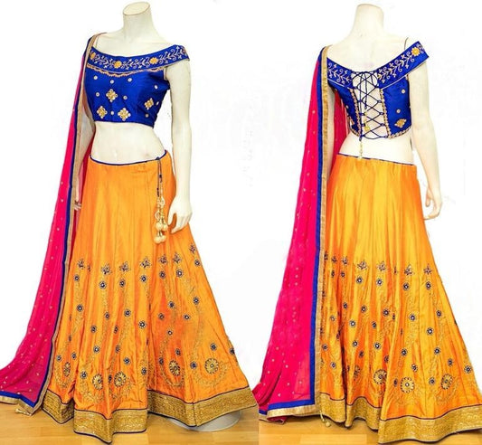 yellow banarasi silk embroidered festival wear lehenga choli