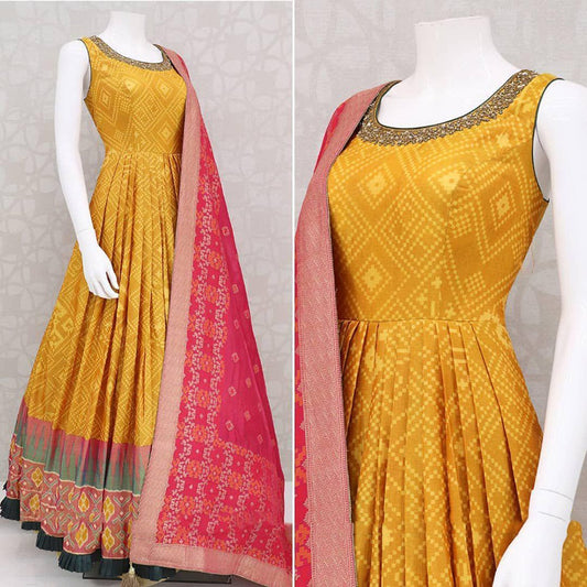 Yellow bandhani patola printed anarkali gown