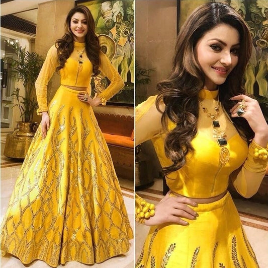 yellow bangalory satin embroidered bollywood style lehenga choli