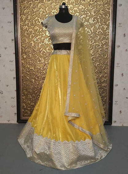 Yellow banglori satin beautiful lehenga choli for haldi function