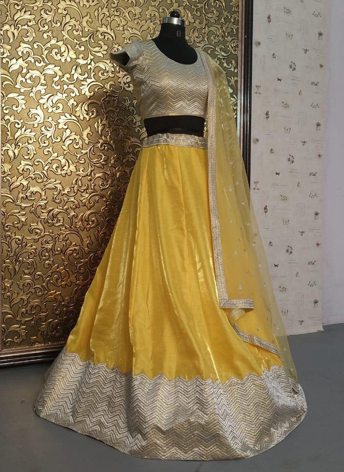 Yellow banglori satin beautiful lehenga choli for haldi function