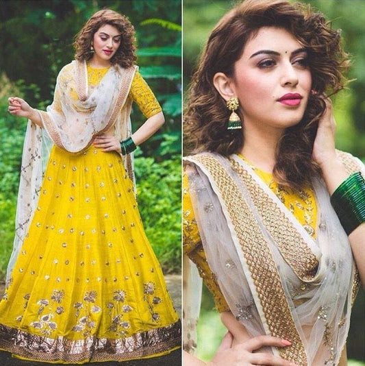 yellow banglori satin embroidered ceremonial lehenga