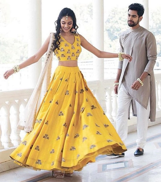 yellow banglori silk multi dori and mirror work ceremonial lehenga