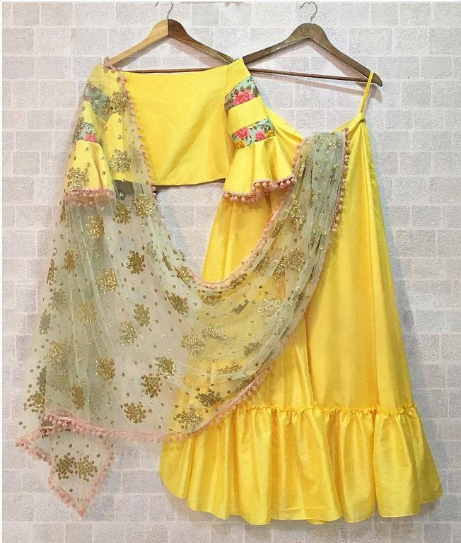 Yellow banglori silk plain partywear lehenga