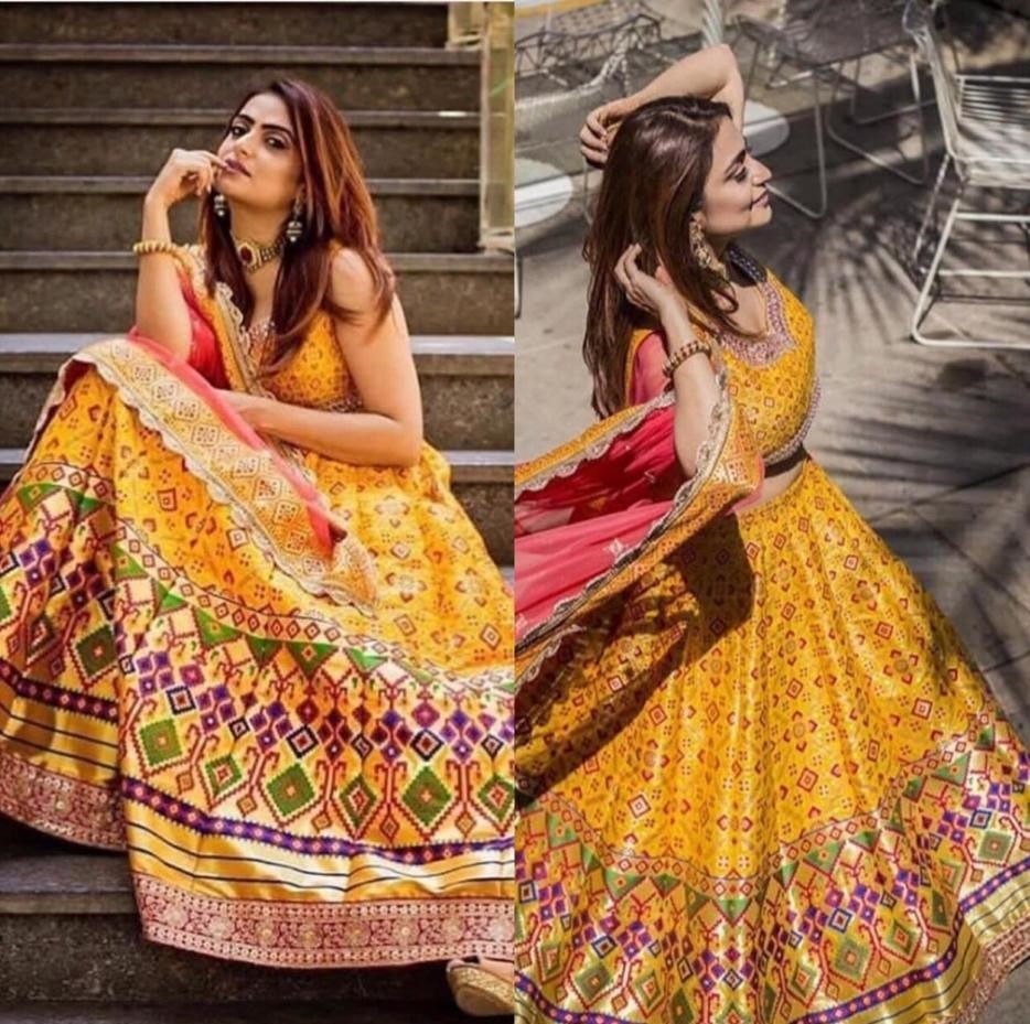 Yellow banglory satin digital printed festival wear lehenga choli