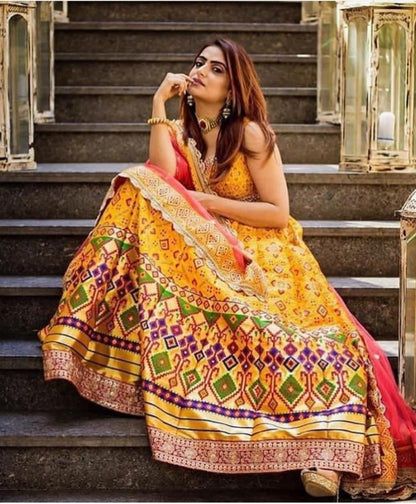 Yellow banglory satin digital printed festival wear lehenga choli