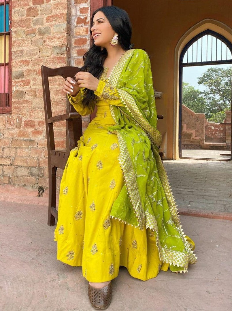 Yellow banglory satin embroidered long anarkali gown