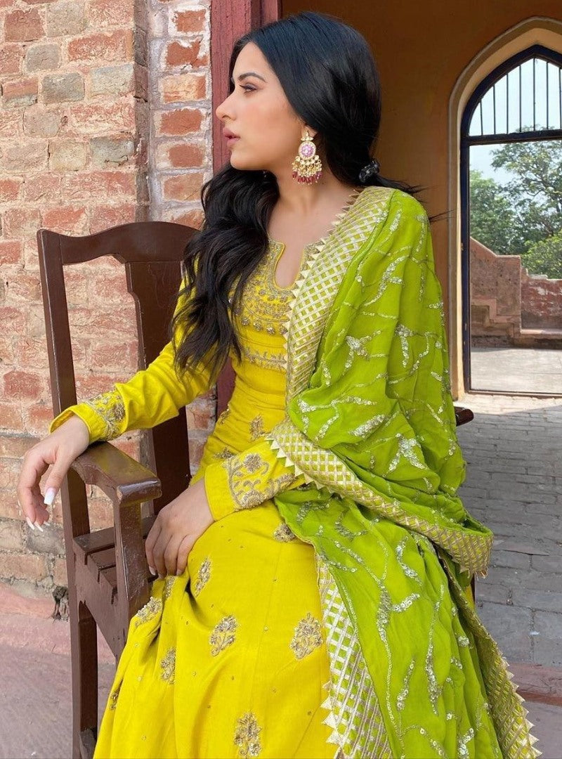 Yellow banglory satin embroidered long anarkali gown