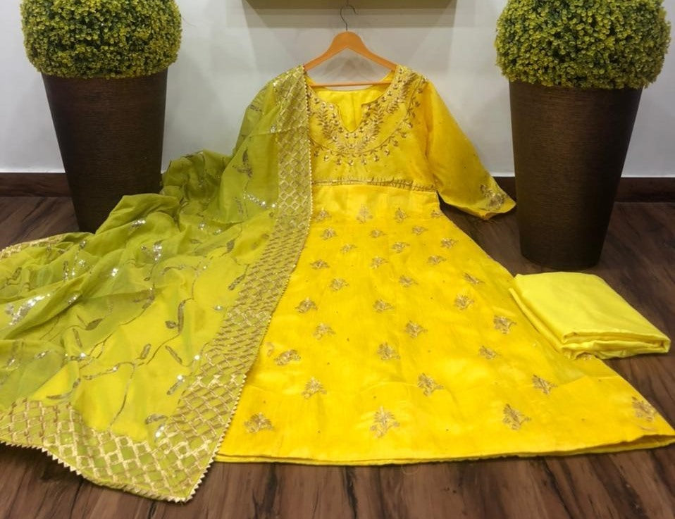 Yellow banglory satin embroidered long anarkali gown