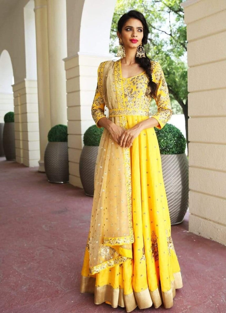 Yellow banglory satin embroidery sequence work anarkali suit