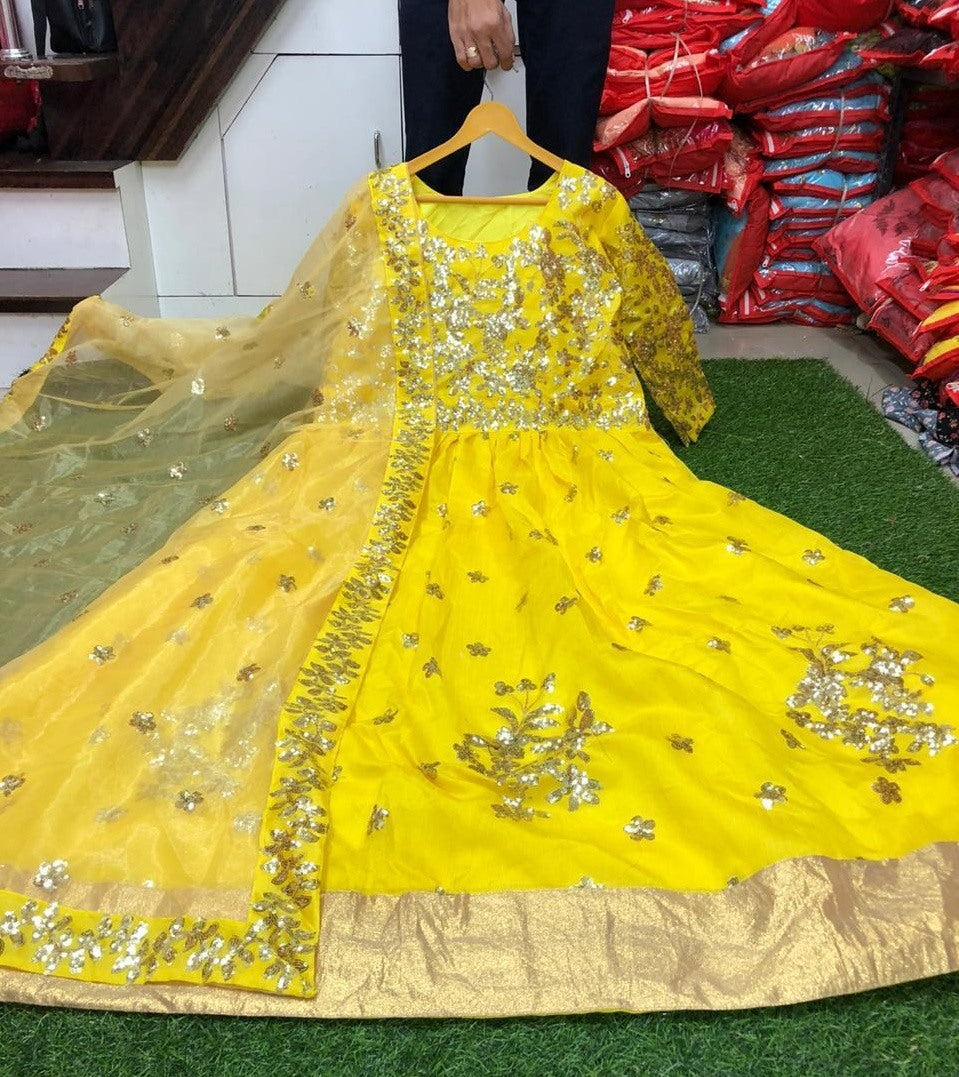 Yellow banglory satin embroidery sequence work anarkali suit