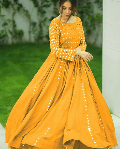 Yellow banglory satin partywear gown