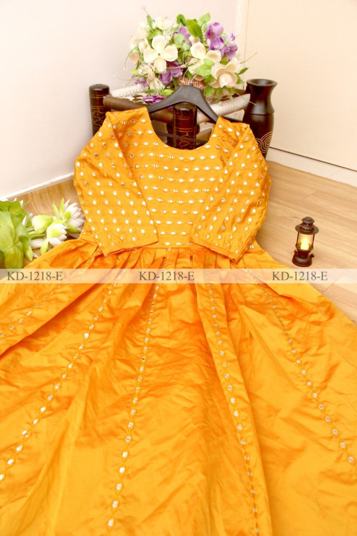 Yellow banglory satin partywear gown