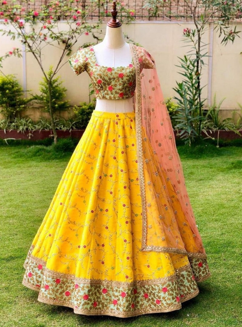 Yellow banglory silk beautiful embroidered wedding lehenga choli