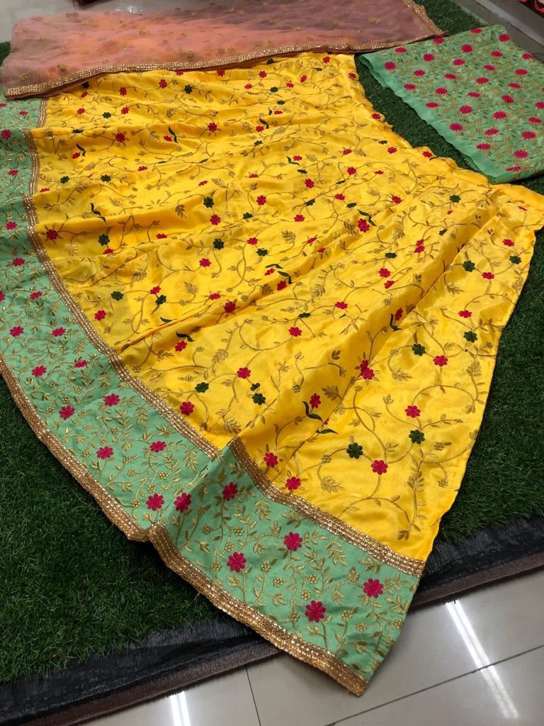 Yellow banglory silk beautiful embroidered wedding lehenga choli