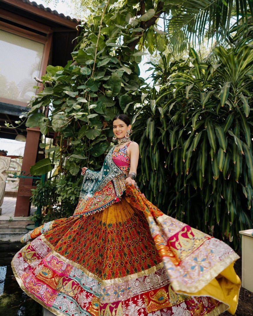 Yellow butter silk digital printed and mirror work navratri festival lehenga choli