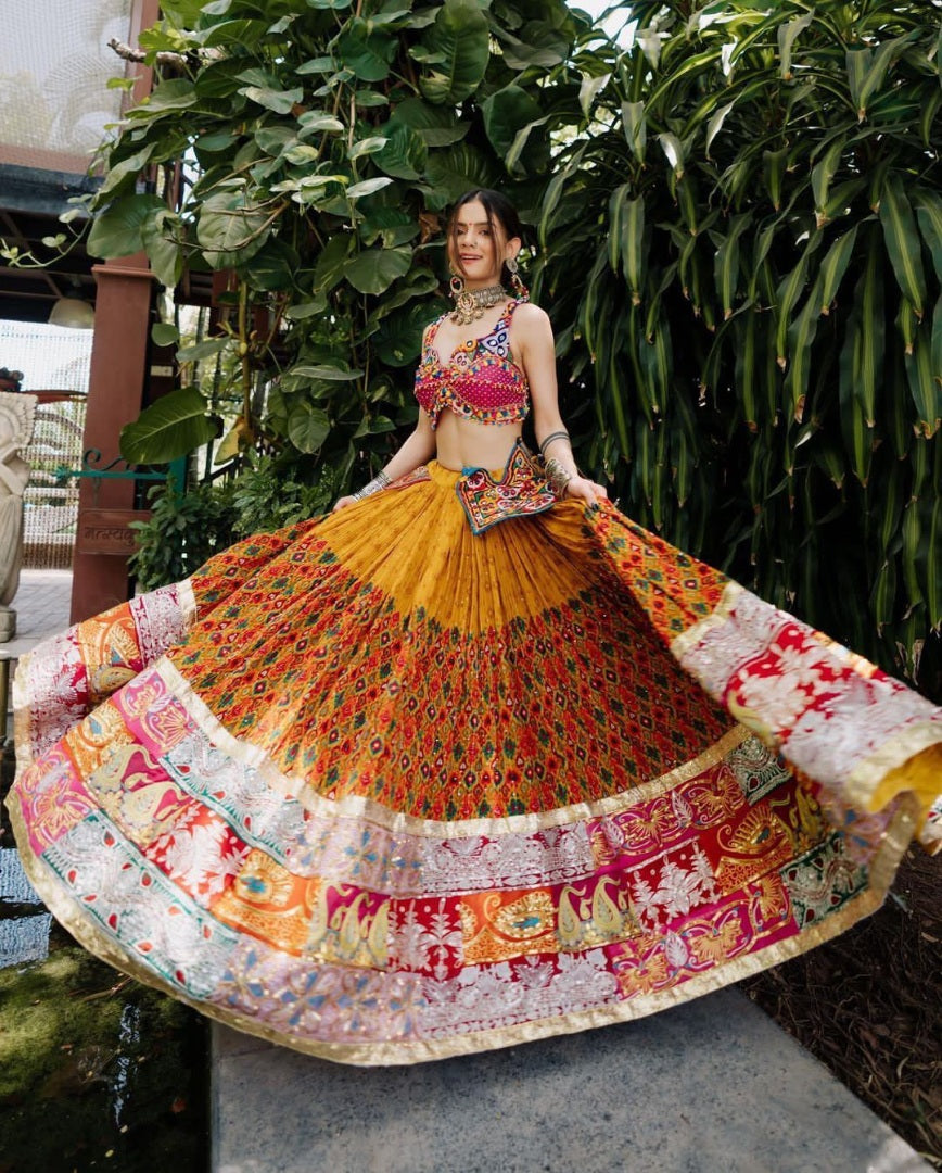 Yellow butter silk digital printed and mirror work navratri festival lehenga choli