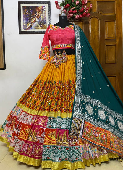 Yellow butter silk digital printed and mirror work navratri festival lehenga choli