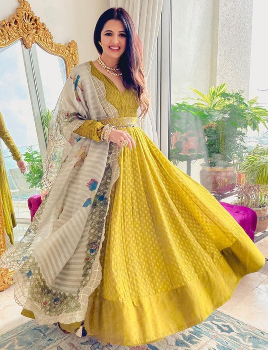 Yellow butter silk digital printed gown with dupatta