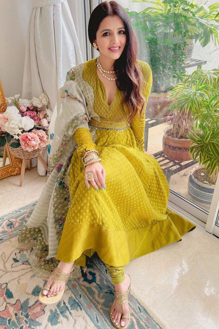 Yellow butter silk digital printed gown with dupatta