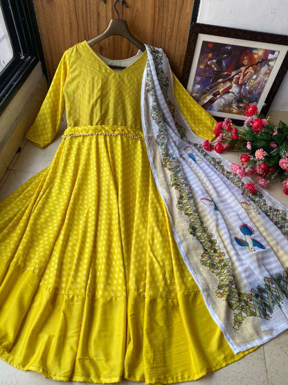 Yellow butter silk digital printed gown with dupatta