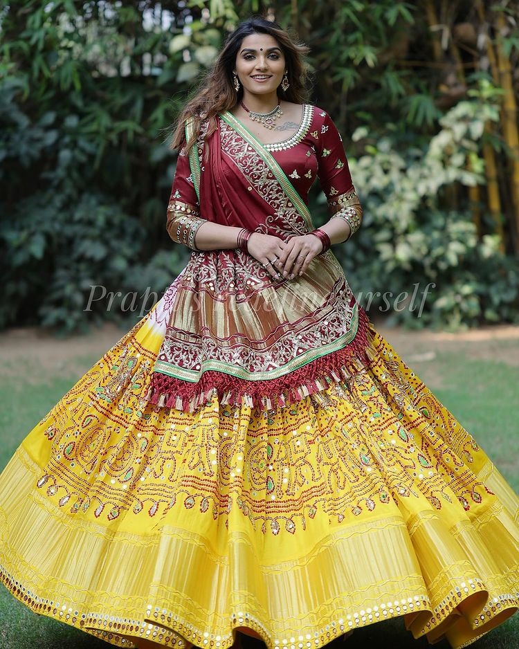 Yellow butter silk digital printed real mirror work lehenga choli