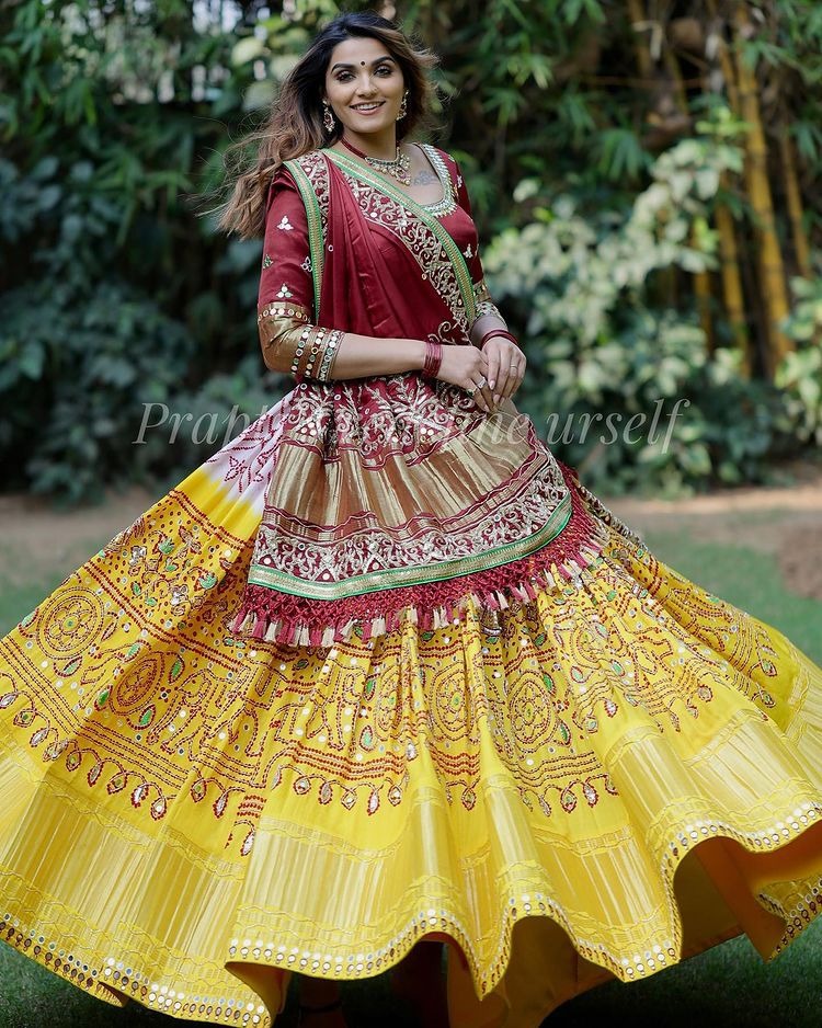 Yellow butter silk digital printed real mirror work lehenga choli