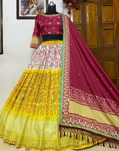 Yellow butter silk digital printed real mirror work lehenga choli