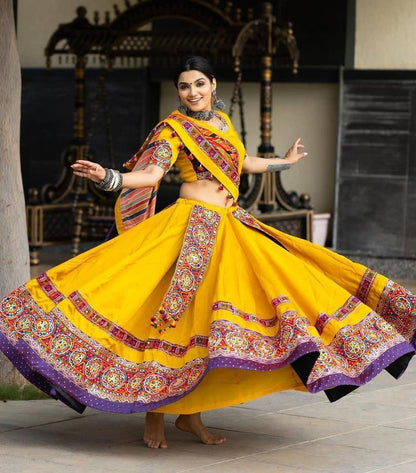 Yellow butter silk heavy embroidery work navratri festival lehenga chaniya choli