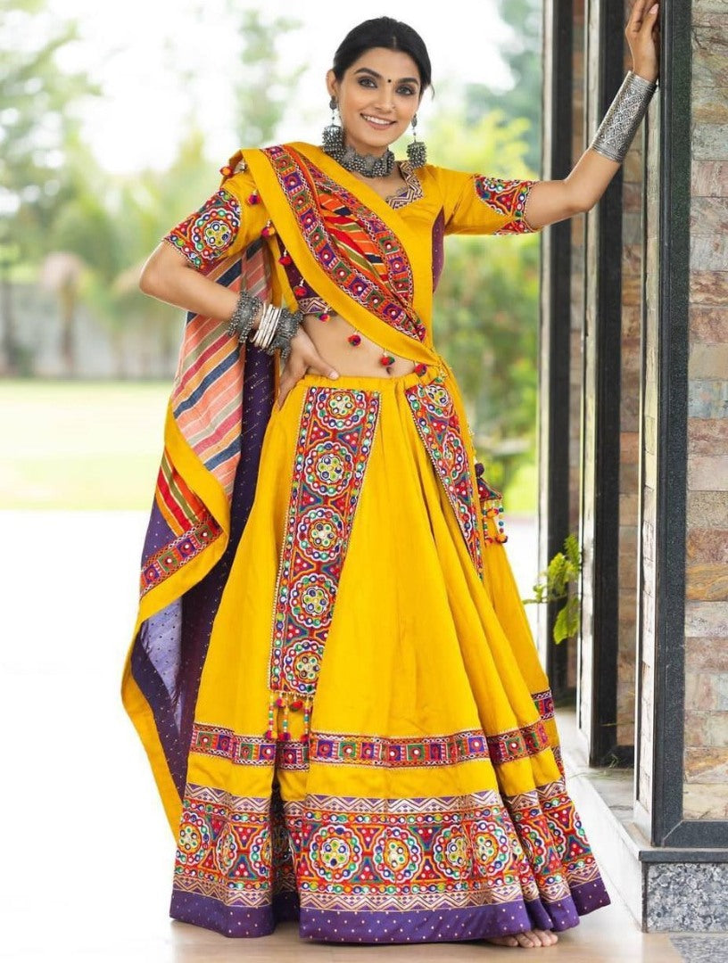 Yellow butter silk heavy embroidery work navratri festival lehenga chaniya choli