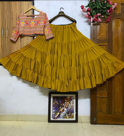 Yellow butter silk heavy flair crop top lehenga for navratri