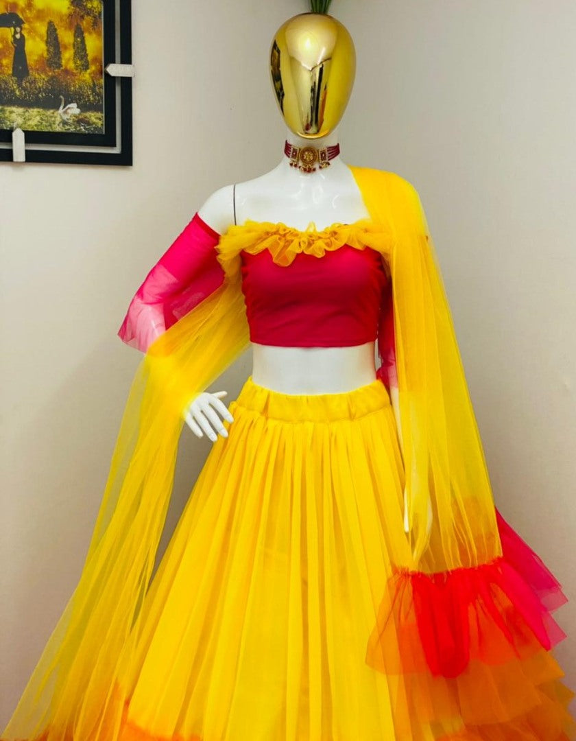 Yellow butterfly net umbrella flair with ruffle work lehenga choli