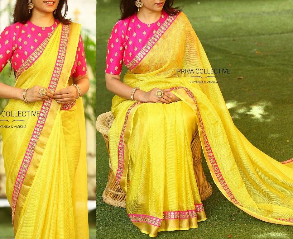 Yellow chanderi silk beautiful festival wear saree