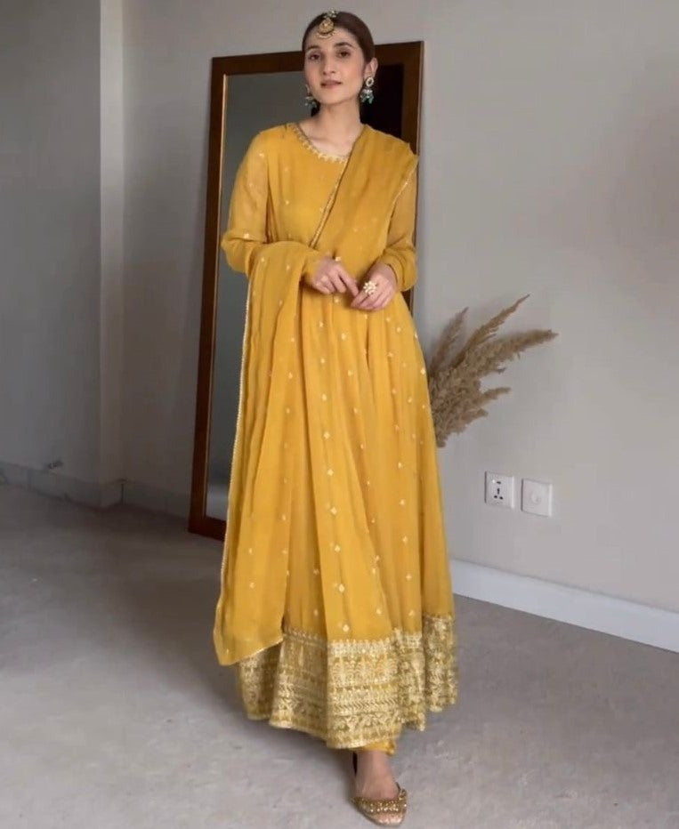 Yellow chanderi silk thread sequence work festive anarkali suit