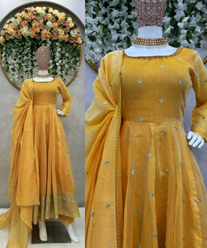 Yellow chanderi silk thread sequence work festive anarkali suit