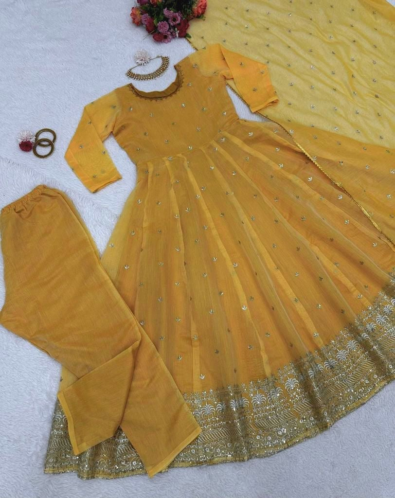 Yellow chanderi silk thread sequence work festive anarkali suit