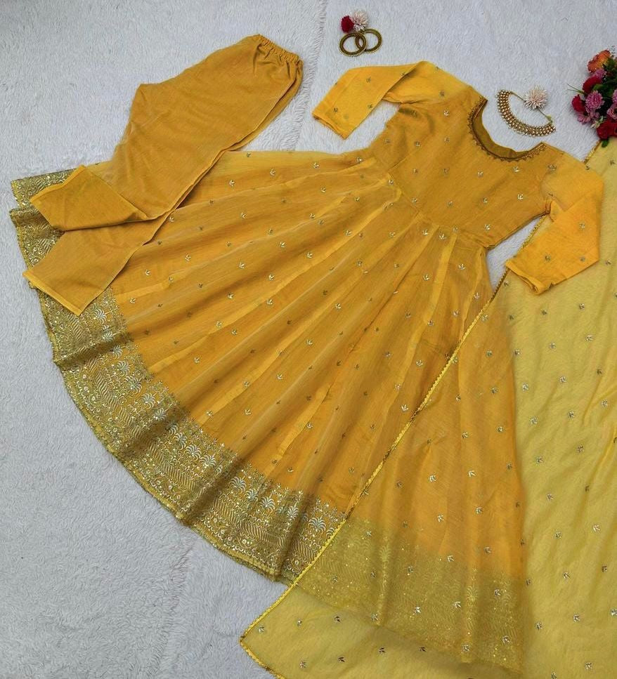 Yellow chanderi silk thread sequence work festive anarkali suit