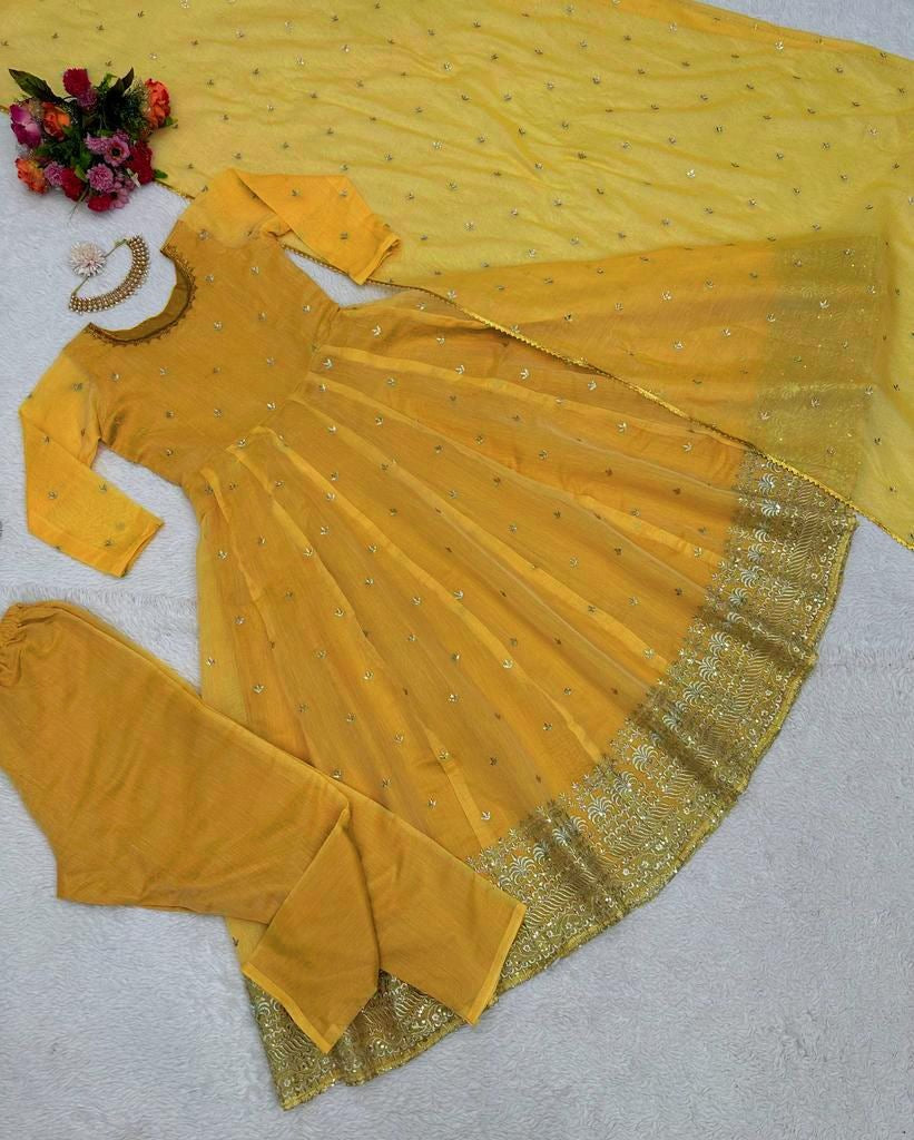 Yellow chanderi silk thread sequence work festive anarkali suit